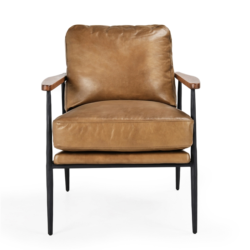 Pemberly Row Cushion Back Transitional Leather Club Chair in Tan/Black