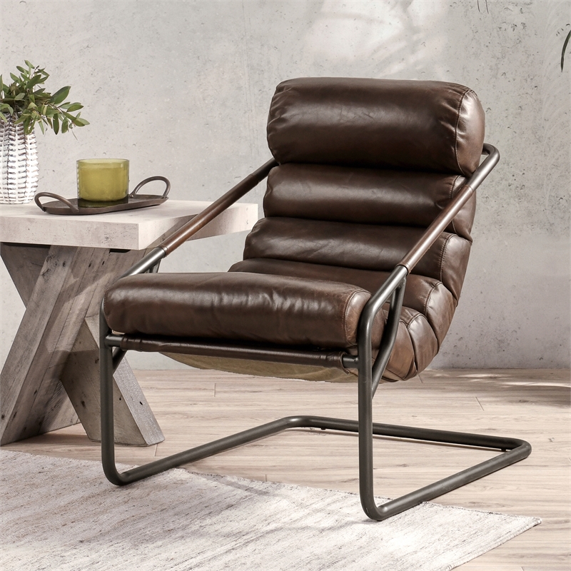 Pemberly Row Transitional Leather Accent Chair in Brown/Black