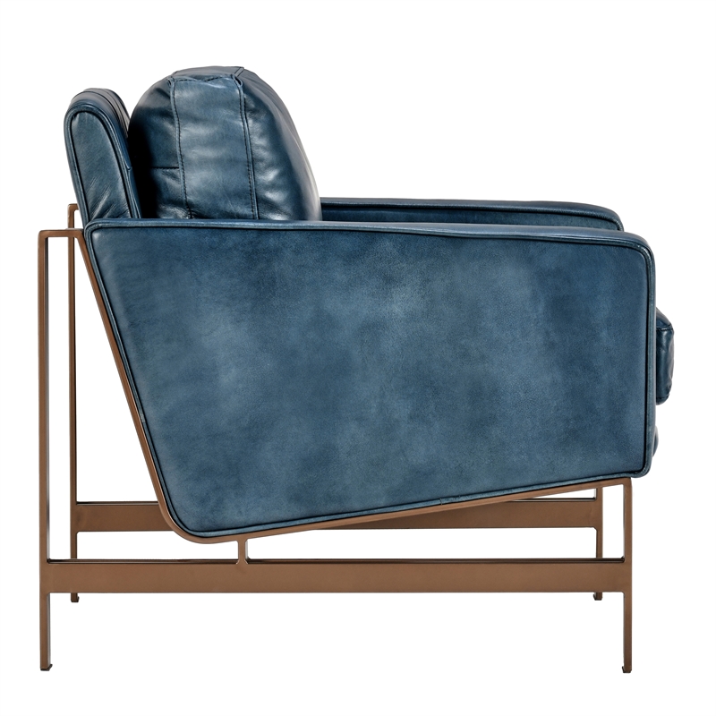 Pemberly Row Cushion Back Modern Leather Club Chair in Blue/Brass