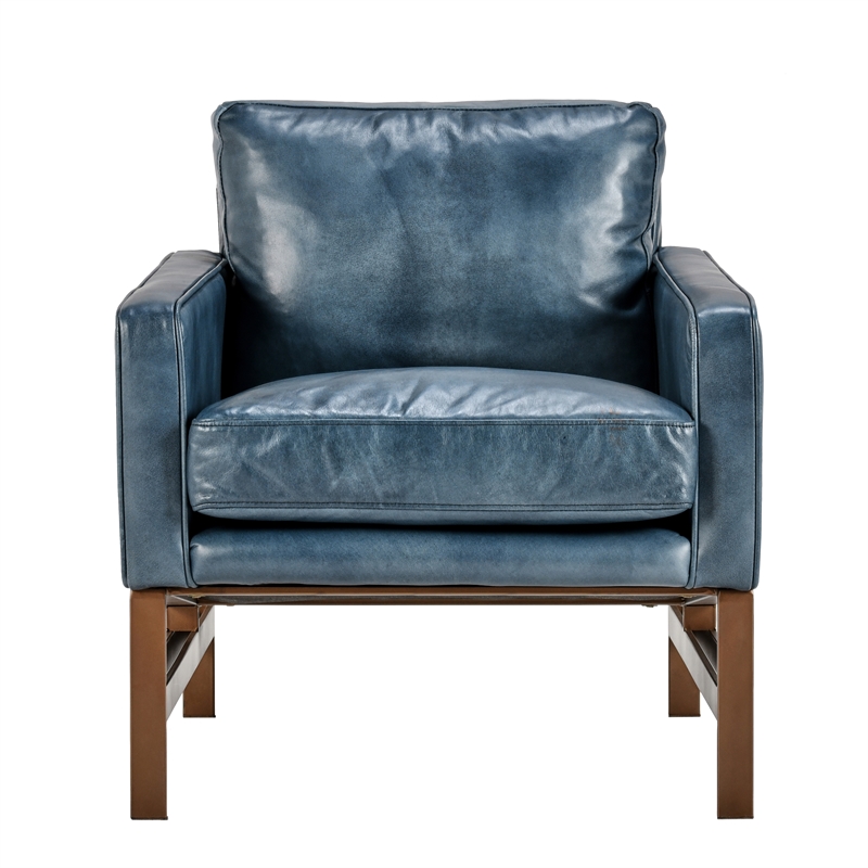 Pemberly Row Cushion Back Modern Leather Club Chair in Blue/Brass