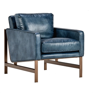 Pemberly Row Cushion Back Modern Leather Club Chair in Blue/Brass