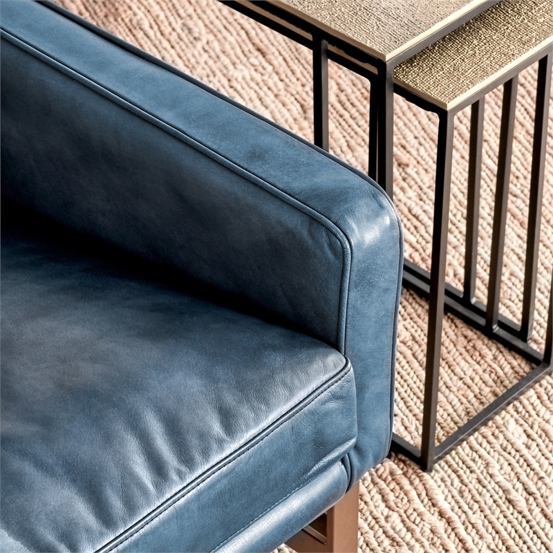 Pemberly Row Cushion Back Modern Leather Club Chair in Blue/Brass