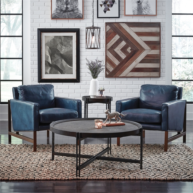 Pemberly Row Cushion Back Modern Leather Club Chair in Blue/Brass