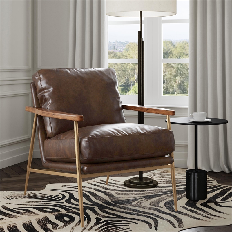 Pemberly Row Cushion Back Transitional Leather Club Chair in Antique Brown