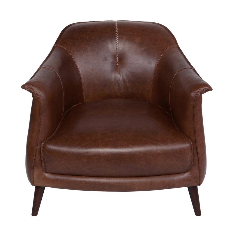 Pemberly Row Transitional Leather & Wood Club Chair in Brown