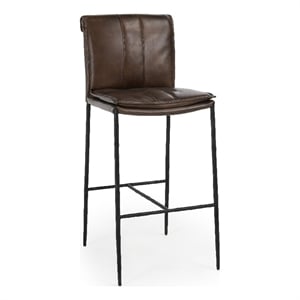Pemberly Row 30&quot Leather & Wrought Iron Bar Stool in Antique Brown