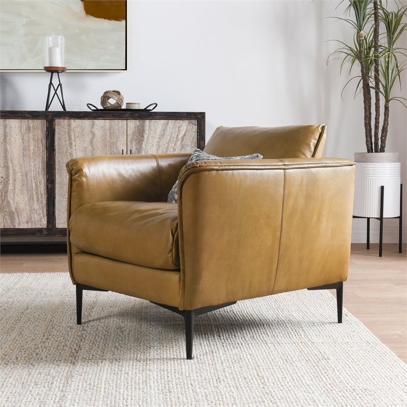 Pemberly Row Modern Transitional Buffalo Leather Club Chair in Tan