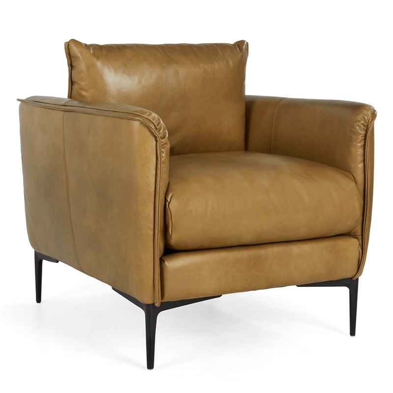 Pemberly Row Modern Transitional Buffalo Leather Club Chair in Tan