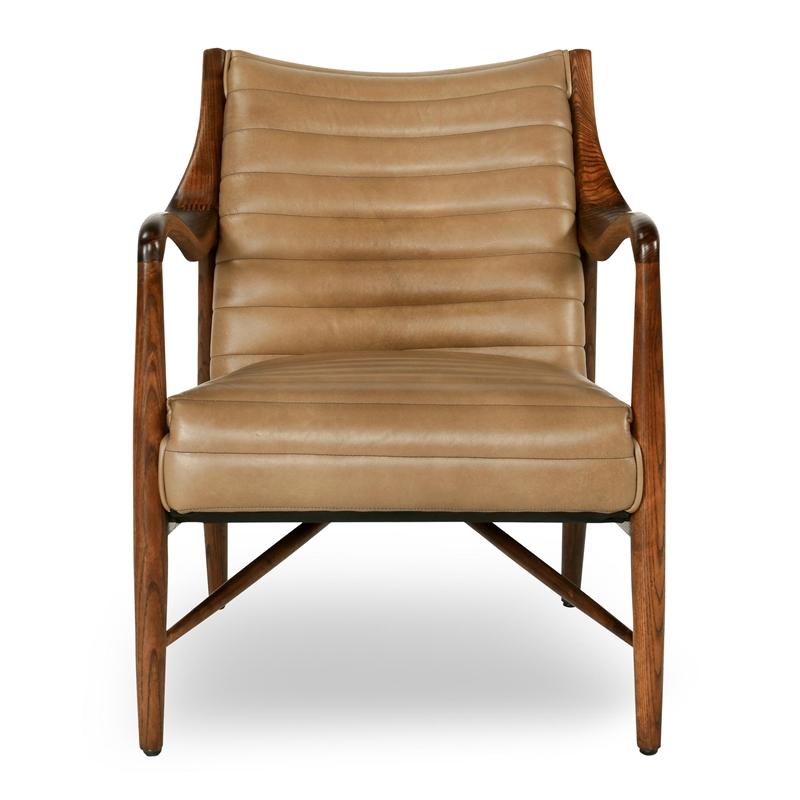 Pemberly Row Transitional Leather & Wood Accent Chair in Natural/Tan