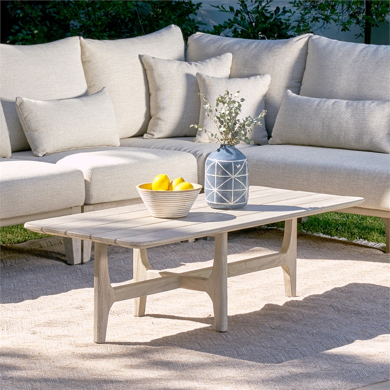 Pemberly Row Rectangle Teak Wood Outdoor Coffee Table in Matte Gray