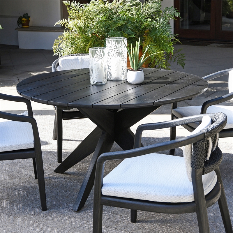 Pemberly Row Transitional Round Wood Outdoor Dining Table in Matte Black