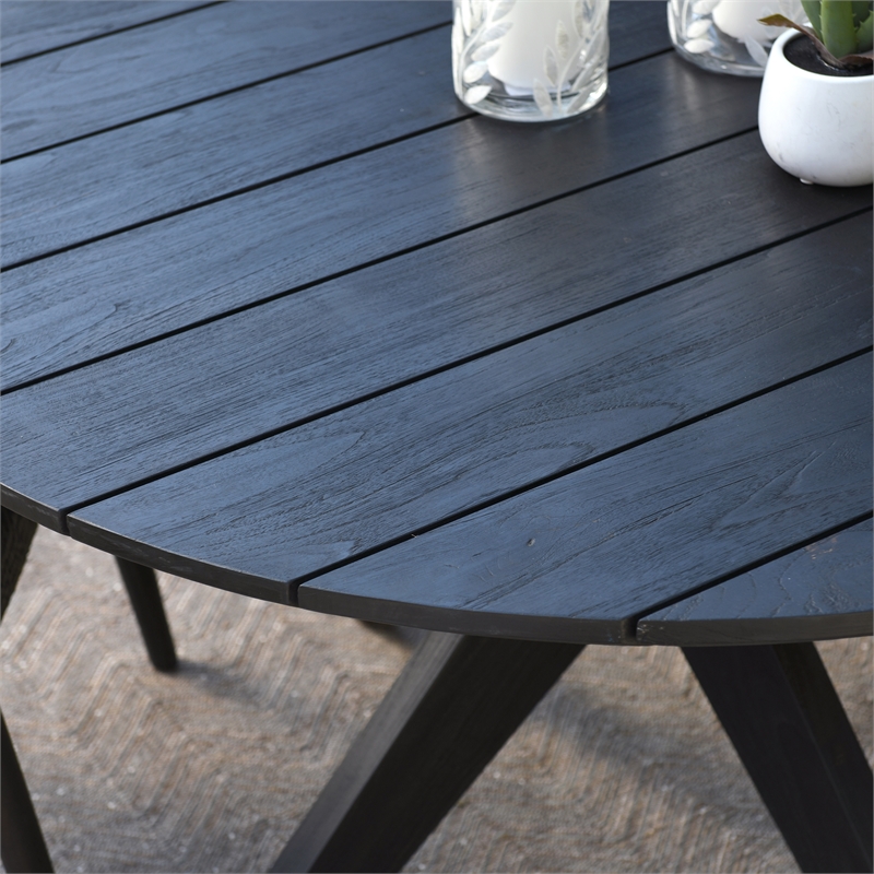 Pemberly Row Transitional Round Wood Outdoor Dining Table in Matte Black