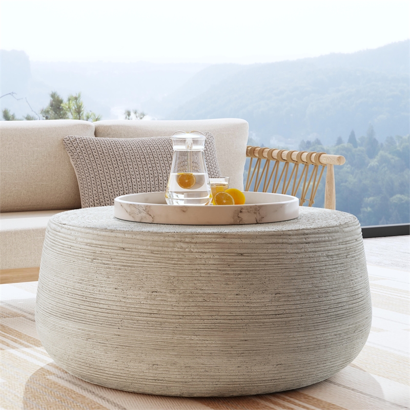 Pemberly Row Concrete Stone Outdoor Coffee Table in Rough Light Gray