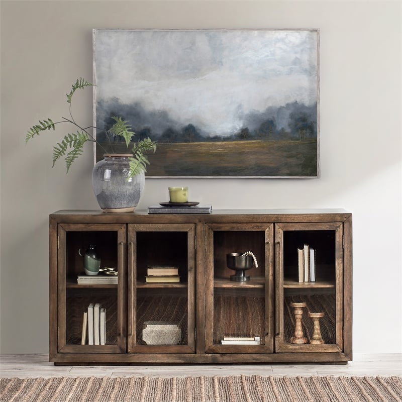Pemberly Row 4-Door Transitional Solid Oak Wood Sideboard in Brown