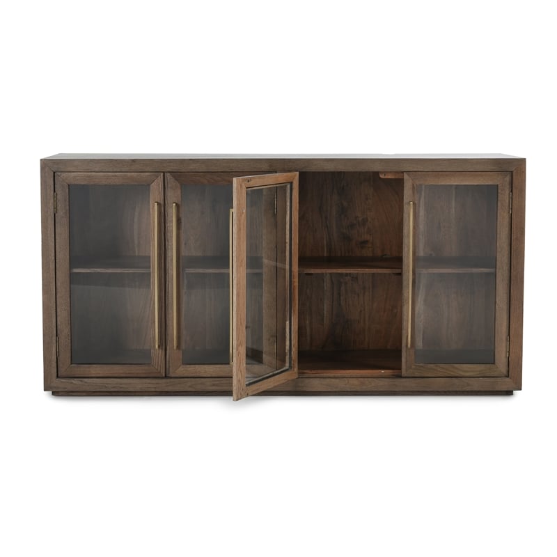 Pemberly Row 4-Door Transitional Solid Oak Wood Sideboard in Brown