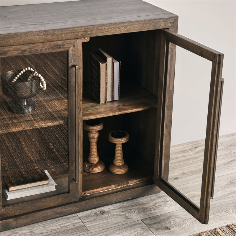 Pemberly Row 4-Door Transitional Solid Oak Wood Sideboard in Brown
