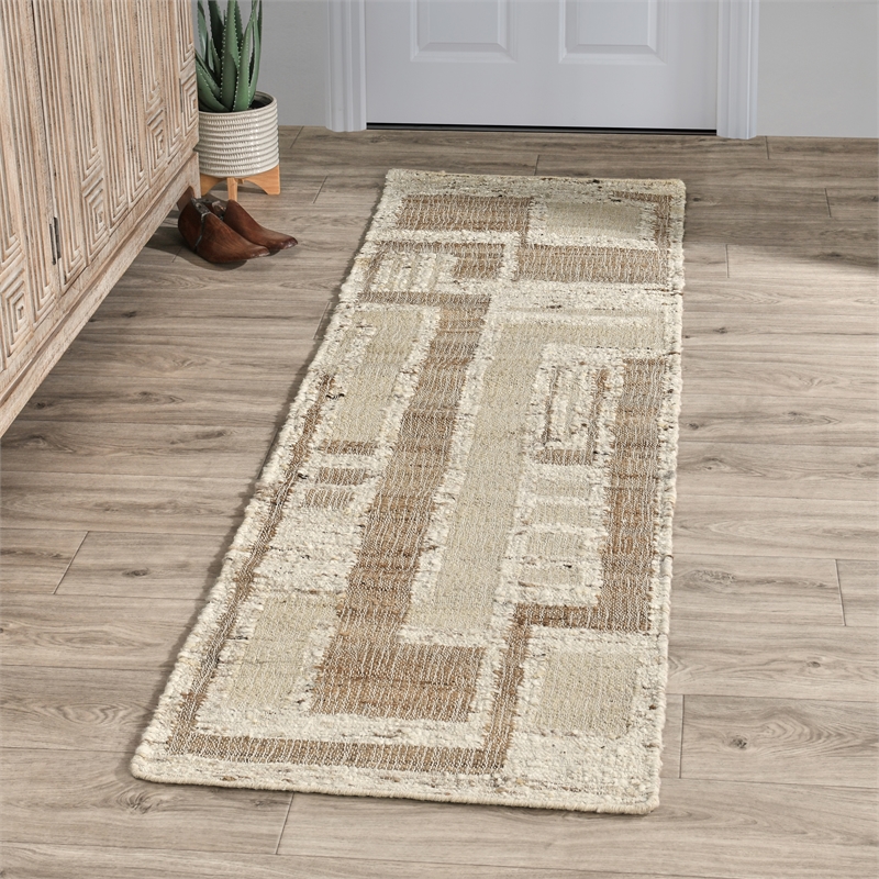 Pemberly Row 2.6' x 8' Abstract Geometric Wool Area Rug in Natural/Ivory