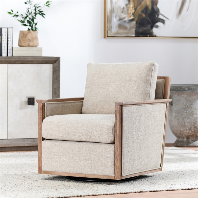 Pemberly Row Fabric Linen Upholstery Swivel Accent Chair in Natural