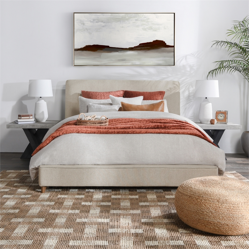 Pemberly Row Traditional Cream Finish Fabric Upholstered Queen Bed