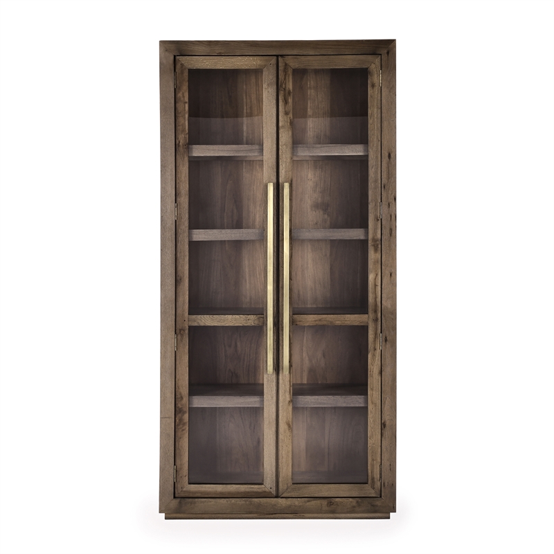Pemberly Row Tall Oak Wood Cabinet with Glass Doors- Brown Finish
