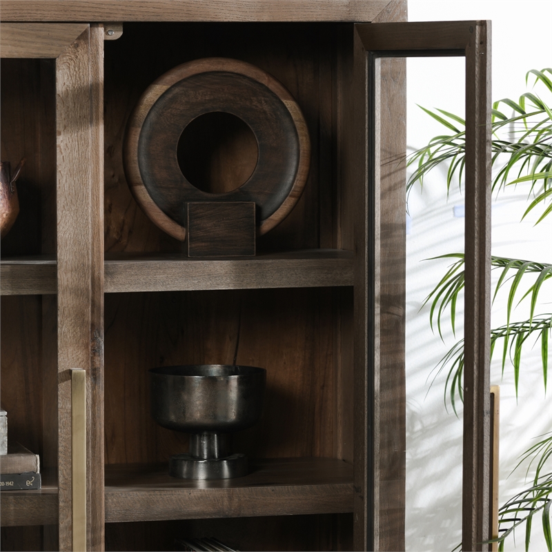 Pemberly Row Tall Oak Wood Cabinet with Glass Doors- Brown Finish