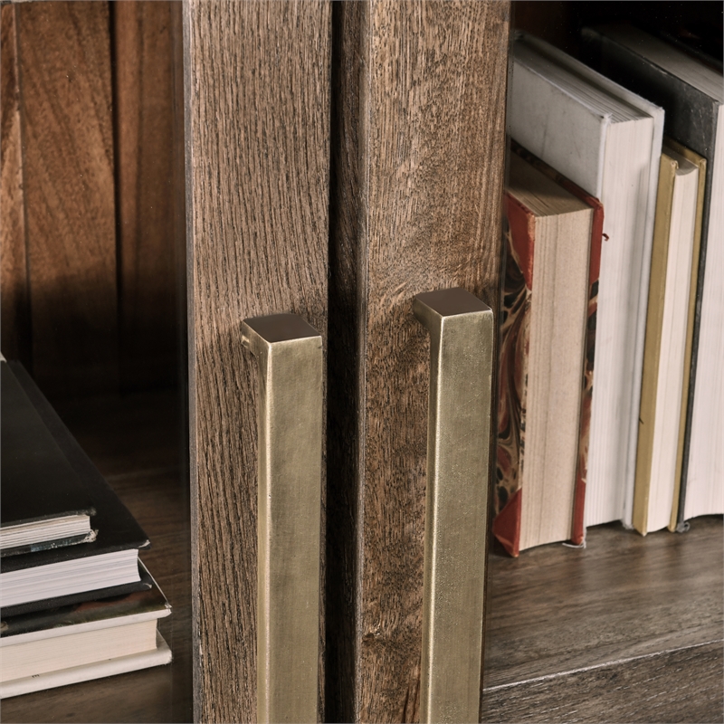 Pemberly Row Tall Oak Wood Cabinet with Glass Doors- Brown Finish