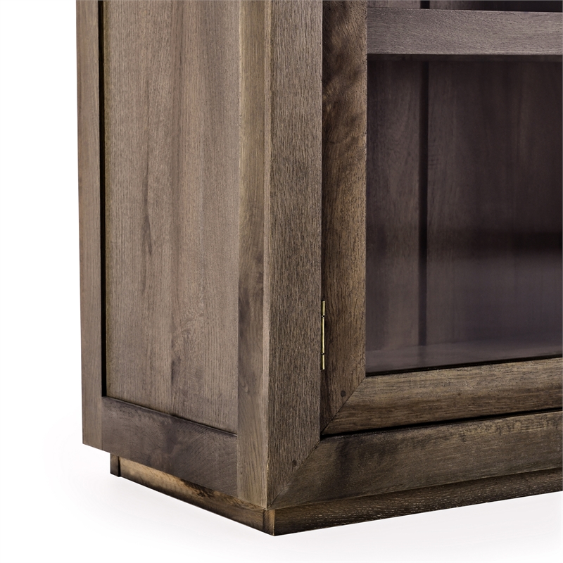Pemberly Row Tall Oak Wood Cabinet with Glass Doors- Brown Finish