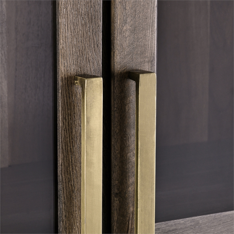 Pemberly Row Tall Oak Wood Cabinet with Glass Doors- Brown Finish