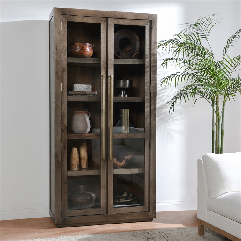 Pemberly Row Tall Oak Wood Cabinet with Glass Doors- Brown Finish