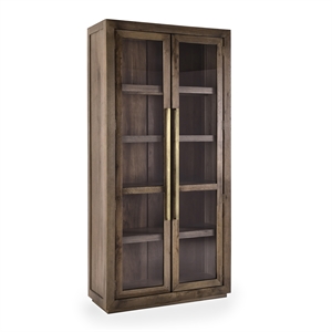 Pemberly Row Tall Oak Wood Cabinet with Glass Doors- Brown Finish
