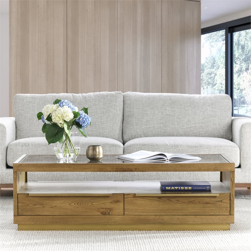 Pemberly Row Traditional Four-Drawer Wood Coffee Table in Medium Oak