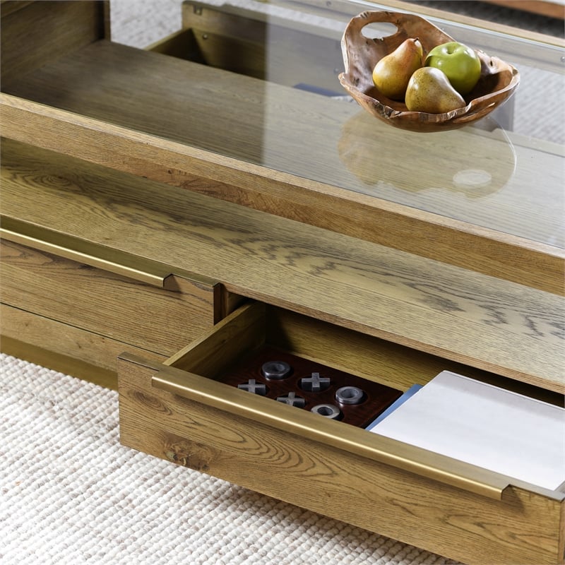 Pemberly Row Traditional Four-Drawer Wood Coffee Table in Medium Oak