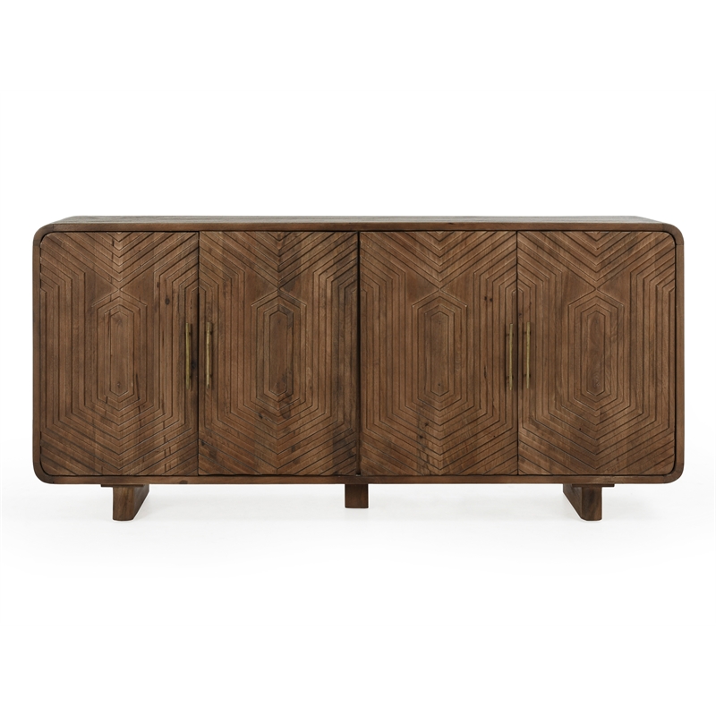 Pemberly Row Geometric Pattern Four Door Mango Wood Sideboard in Brown