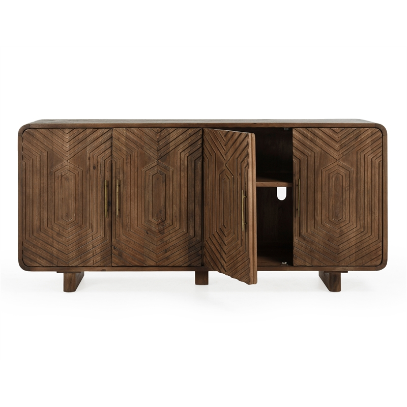 Pemberly Row Geometric Pattern Four Door Mango Wood Sideboard in Brown