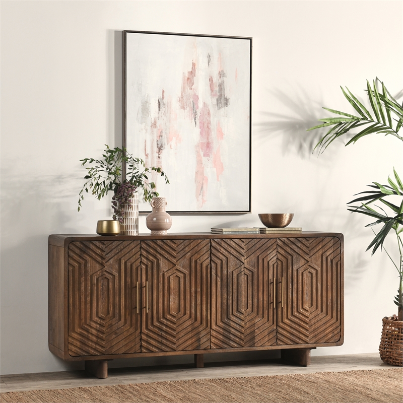 Pemberly Row Geometric Pattern Four Door Mango Wood Sideboard in Brown