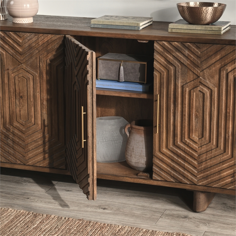 Pemberly Row Geometric Pattern Four Door Mango Wood Sideboard in Brown