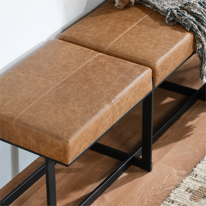 Pemberly Row Traditional Leather and Tube Iron Narrow Bench in Chestnut