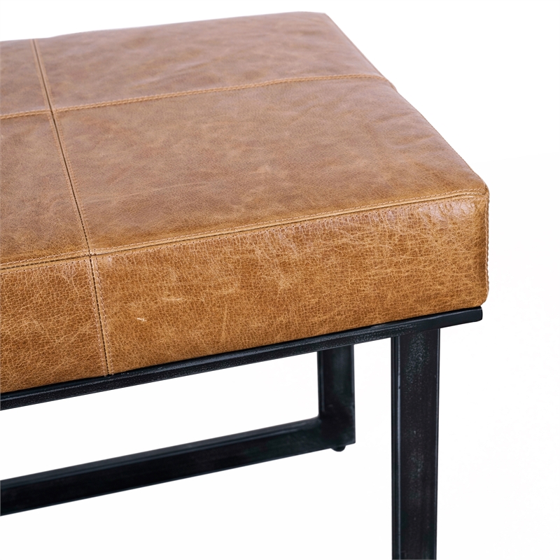 Pemberly Row Traditional Leather and Tube Iron Narrow Bench in Chestnut