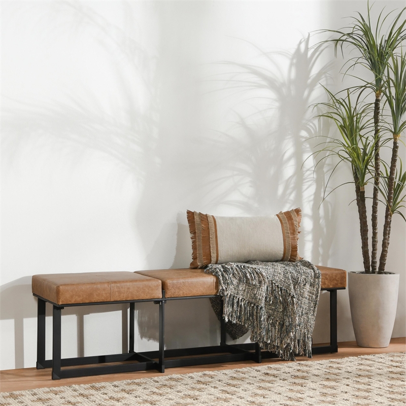 Pemberly Row Traditional Leather and Tube Iron Narrow Bench in Chestnut