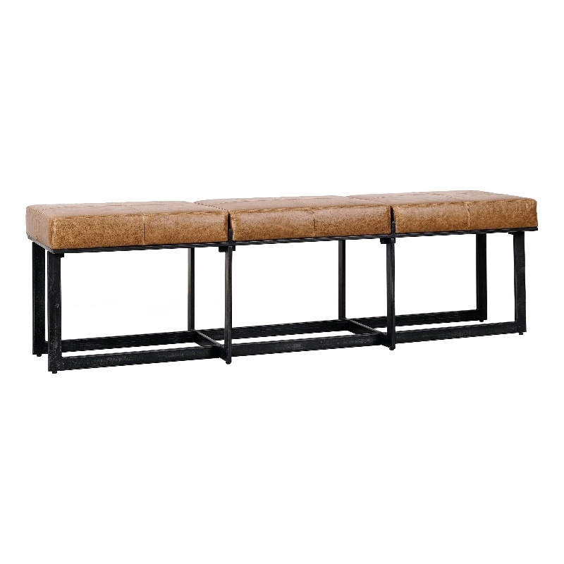 Pemberly Row Traditional Leather and Tube Iron Narrow Bench in Chestnut