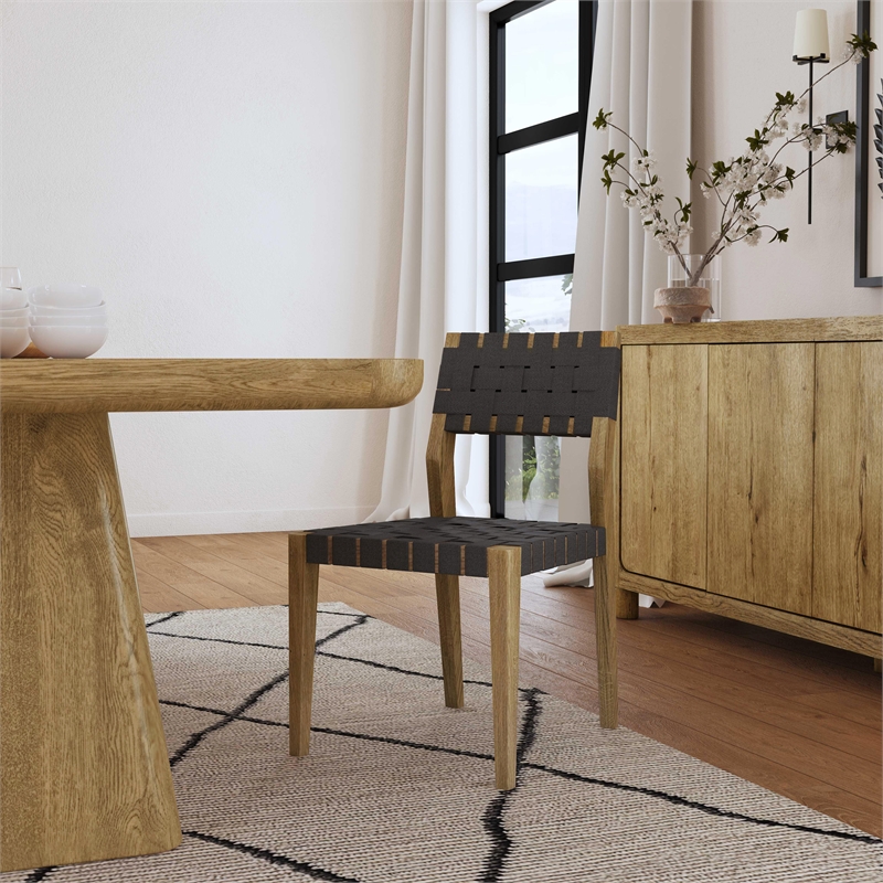 Pemberly Row Set of 2 Oak Wood Dining Chairs with Black Webbing