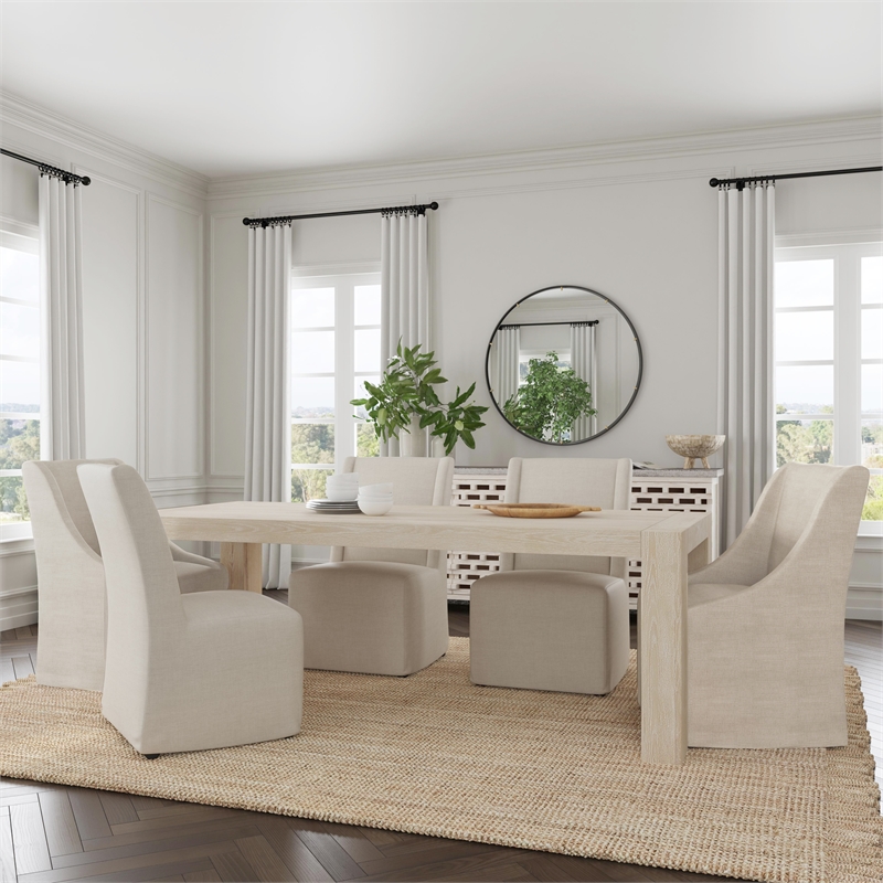 Pemberly Row Oatmeal Fabric Upholstered Rolling Dining Chair Sloping Arm