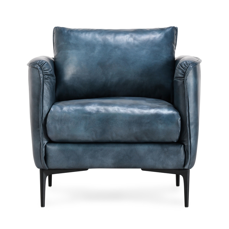 Pemberly Row Ocean Blue Leather Club Chair with Black Iron Accents