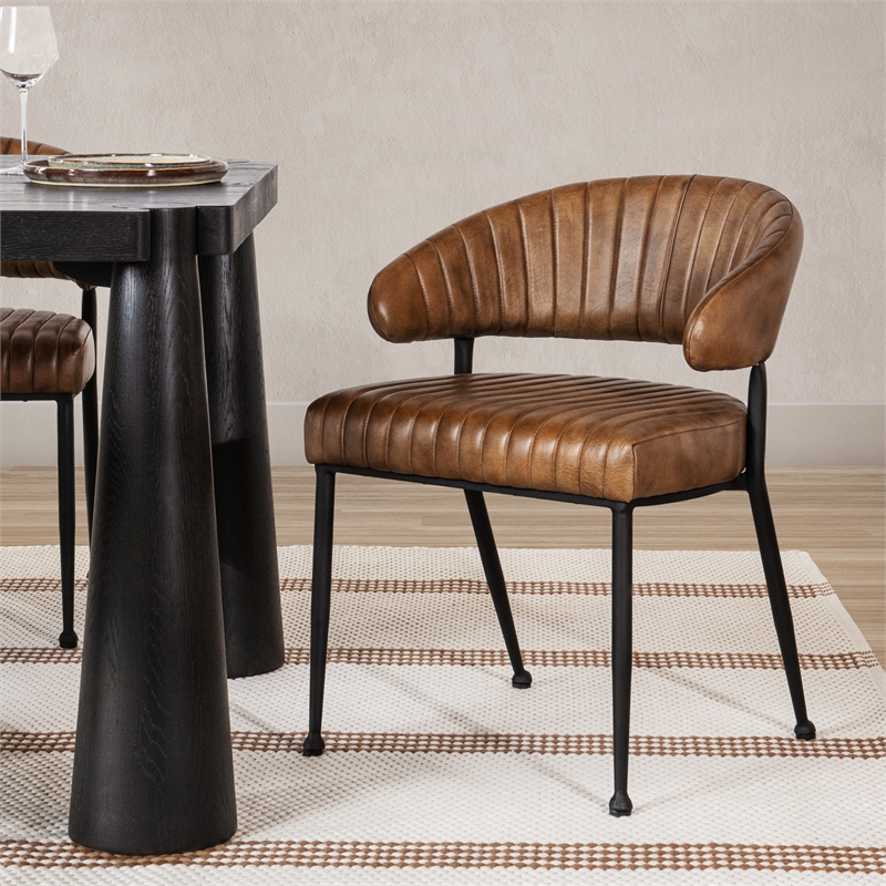 Pemberly Row Antique Brown Leather Dining Chair with Channel Tufting