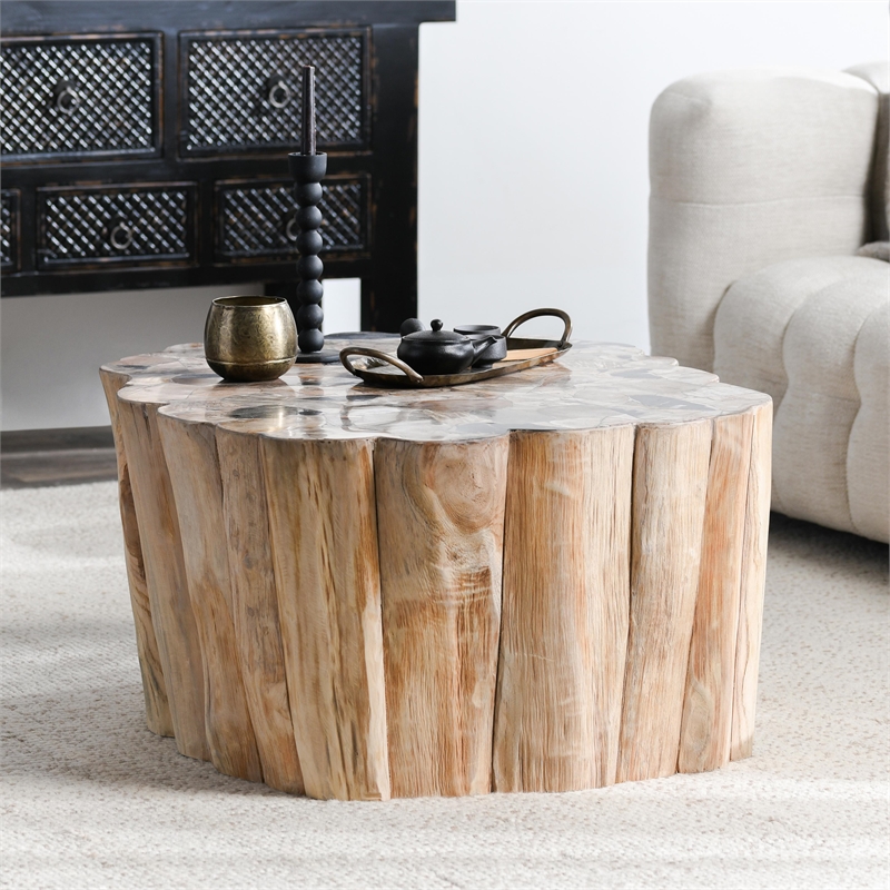 Pemberly Row Teak Wood Coastal Coffee Table in Natural Finish
