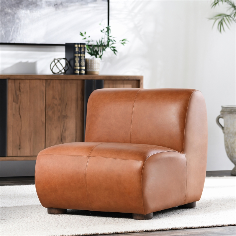 Pemberly Row Autumn Brown Leather Accent Chair with Round Legs