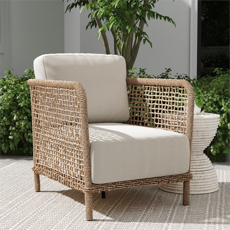 Pemberly Row Natural Rattan Outdoor Accent Chair with Aluminum Frame