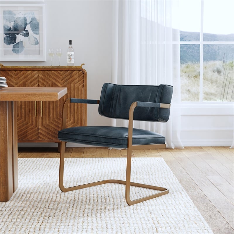 Pemberly Row Ocean Blue Leather Cantilever Dining Chair Welted Seam Detail
