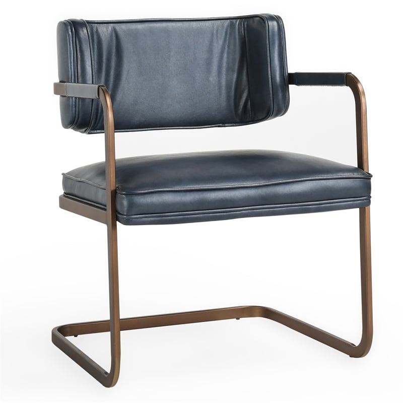 Pemberly Row Ocean Blue Leather Cantilever Dining Chair Welted Seam Detail