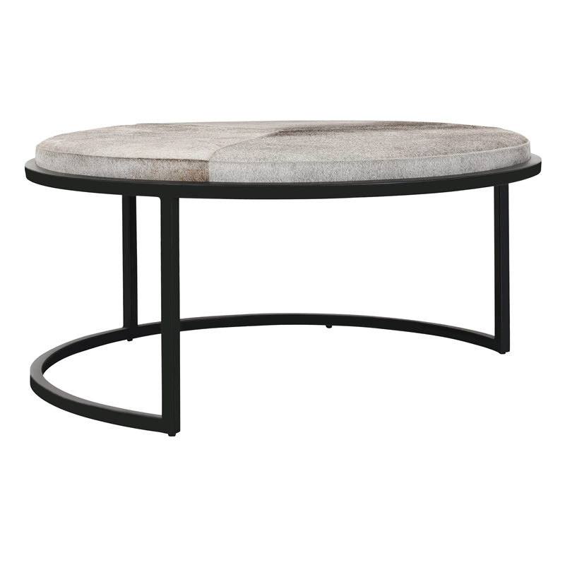 Pemberly Row Cow Leather Set of 2 Nesting Coffee Tables in Sparrow Gray